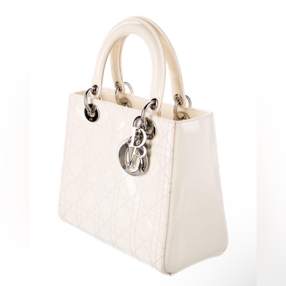 Vintage Christian Dior Small Lady Dior White Patent Cannage Leather